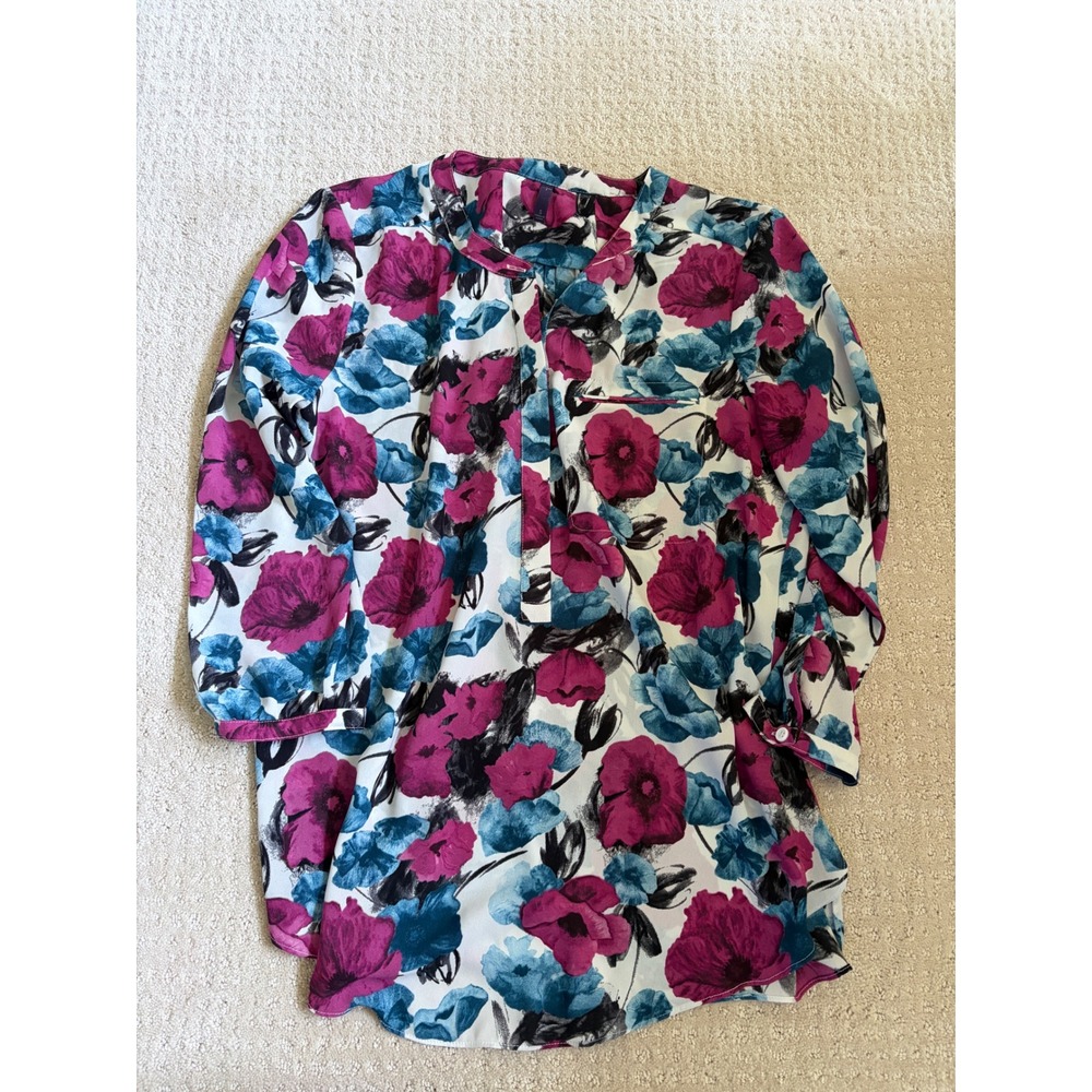 NYDJ Womens Floral Tunic Blouse Magenta Teal Blue 3/4 Sleeve Split Neck Small